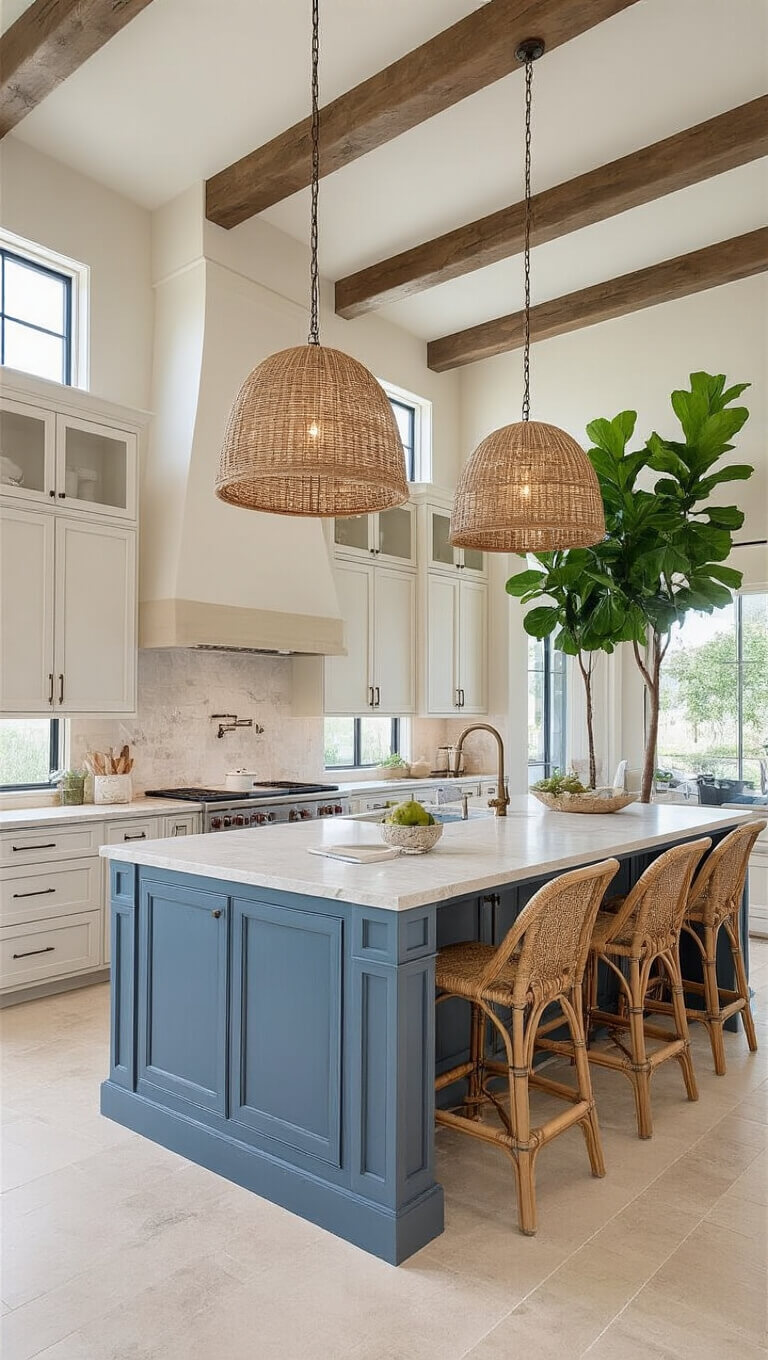 Transitional resort-style kitchen with ivory cabinets, blue-gray island, Calcutta gold marble counters, rattan pendant lights, and 18ft ceilings with exposed beams, framed by fiddle leaf fig trees and filled with natural light.