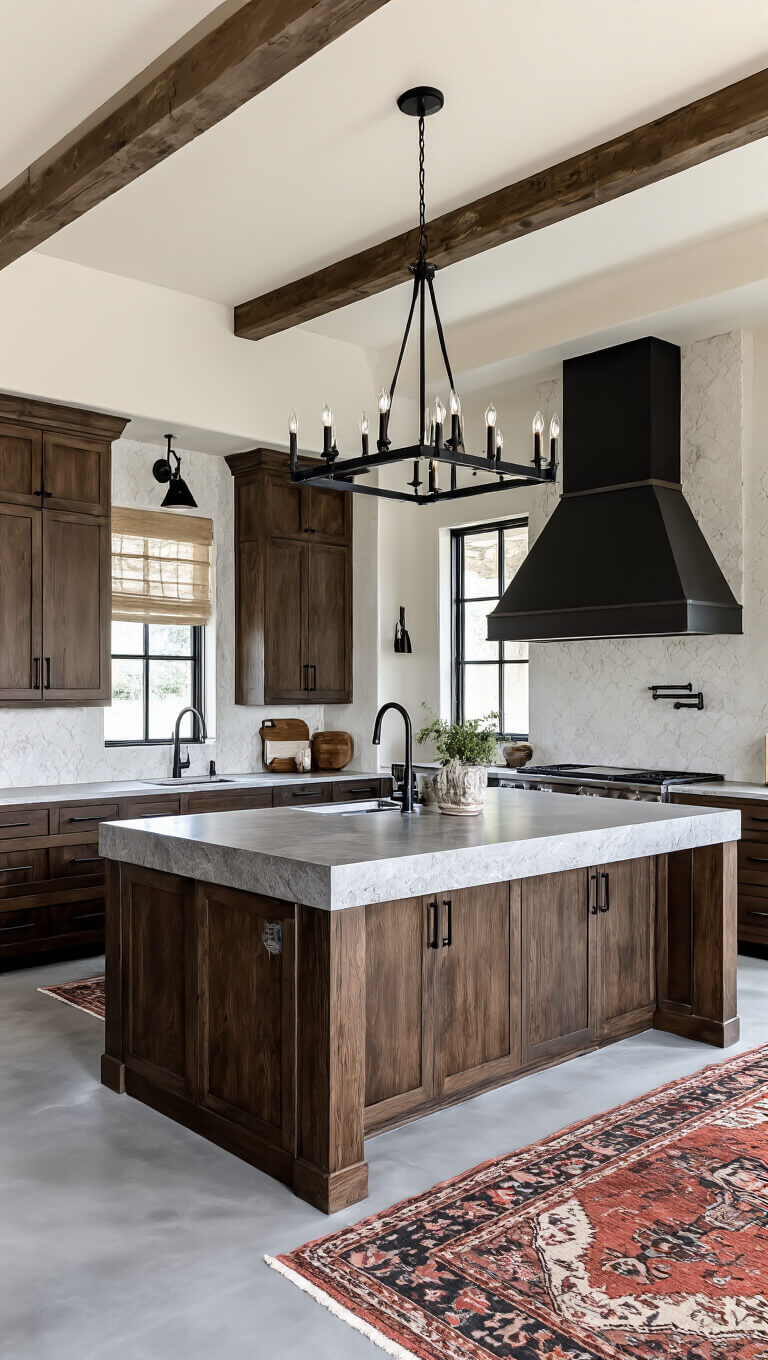 Detail of masculine transitional kitchen with 6ft leather-finish granite island, dark oak cabinets, blackened steel hardware, modern empire chandelier, vintage rugs on concrete floors, and dramatic directional lighting.