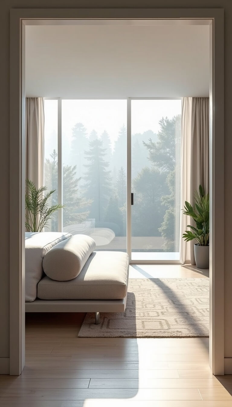 Modern minimalist bedroom with platform bed, low-profile gray couch, and floor-to-ceiling windows letting in morning light.