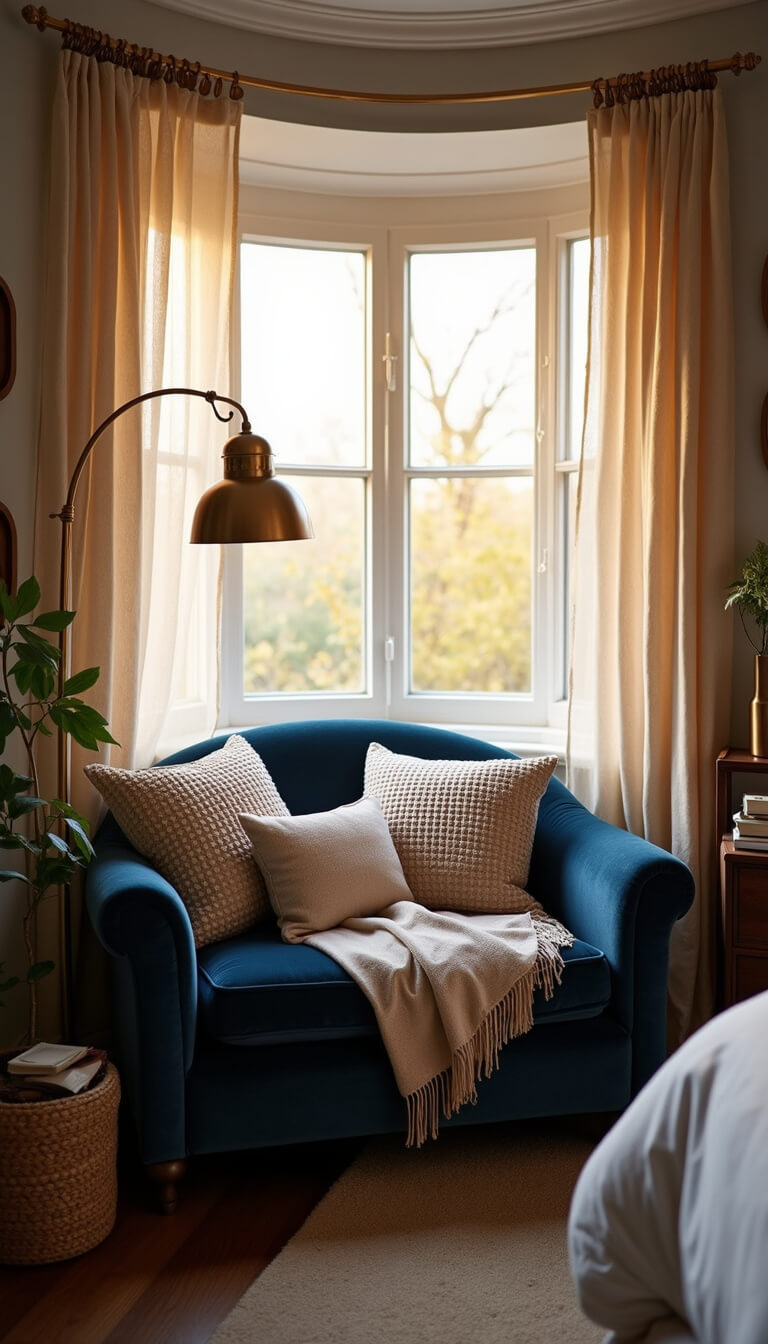 Cozy reading nook in bedroom with navy velvet loveseat under bay window, golden hour light through sheer curtains, accented with pillows, cashmere blanket, and brass reading lamp.