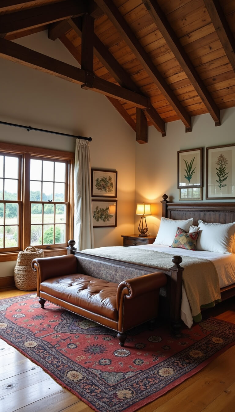 Farmhouse-style bedroom with exposed wooden beams, leather chaise lounge on vintage Persian rug, and dusk lighting casting warm shadows.