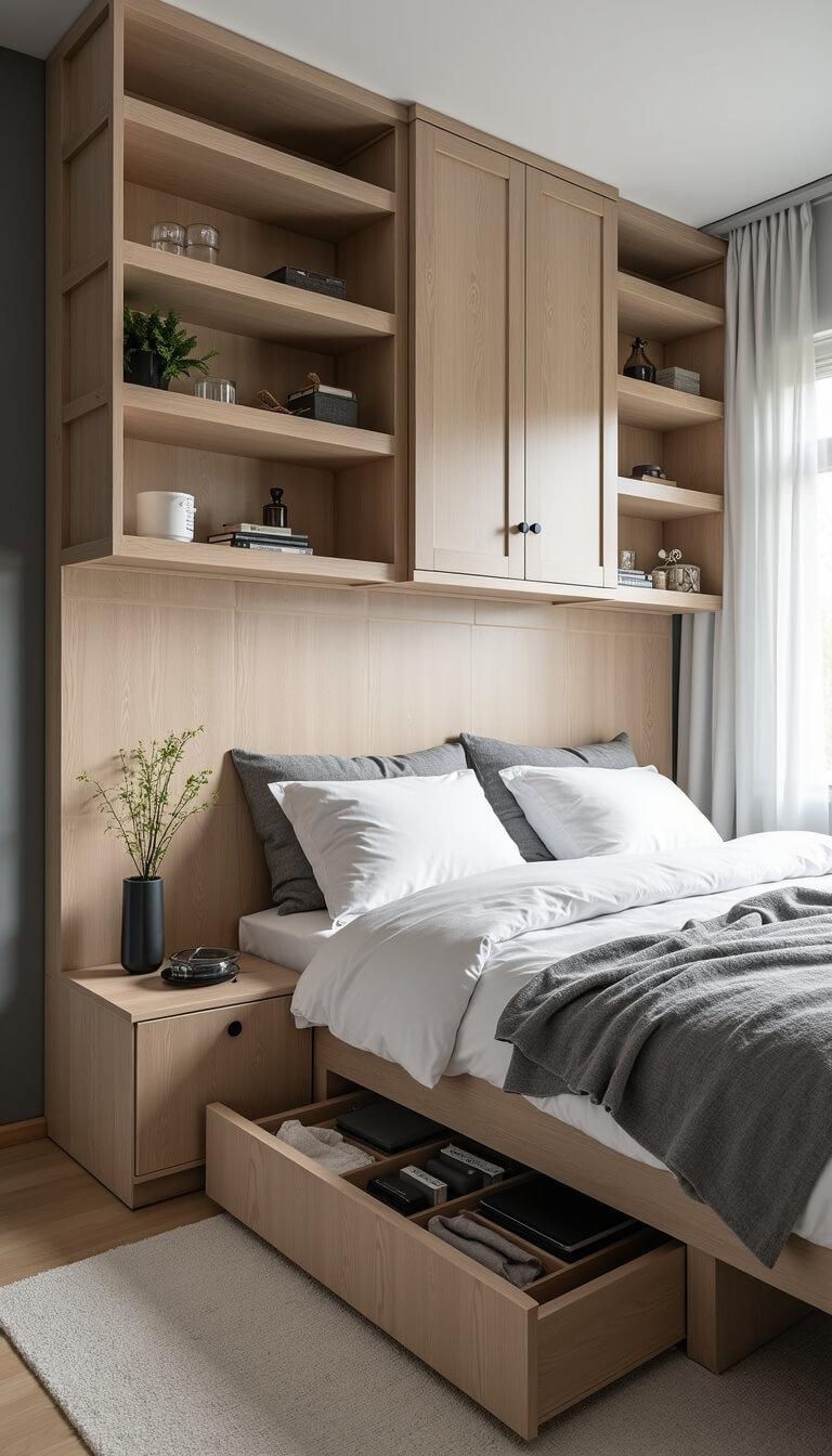 Compact 10x12ft studio bedroom with charcoal linen storage bench, built-in shelving, and morning light highlighting smart organization solutions.