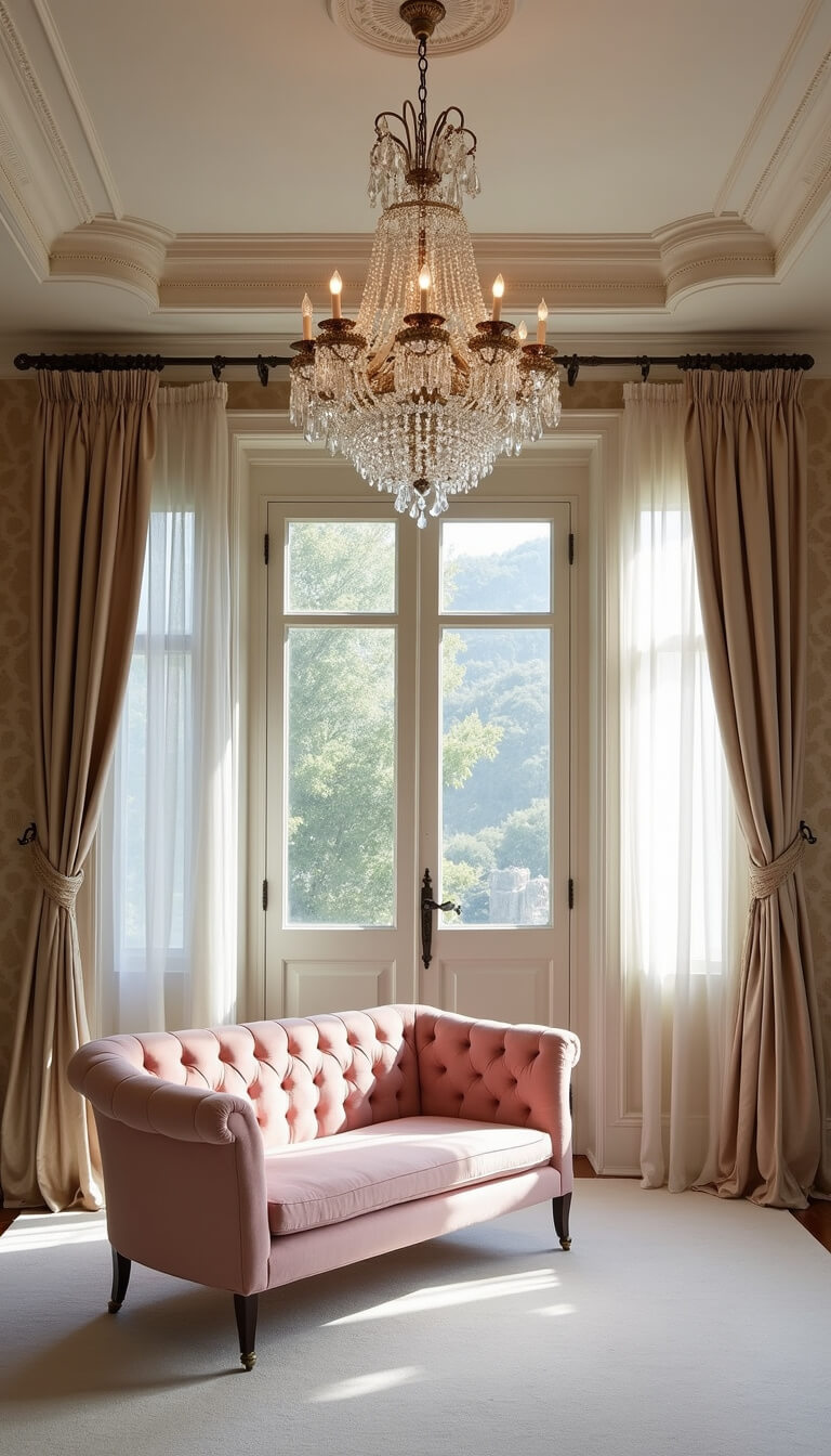 Elegant 18x20ft master suite with tray ceiling, blush pink velvet settee, crystal chandelier, damask wallpaper, brass accents, and silk drapery.