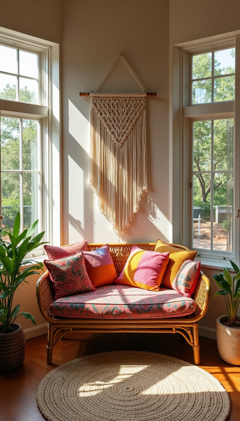 Bohemian-style bedroom with rattan loveseat, Moroccan cushions, macramé wall hanging, and sunlight casting shadows through large windows overlooking a planted terrace.