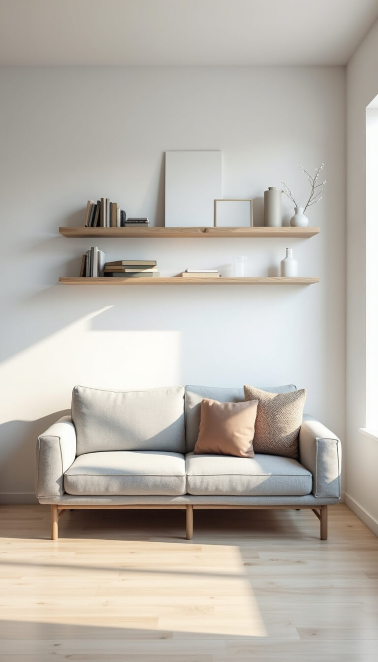 Bright Scandinavian-style bedroom with white walls, pale wood floors, and a gray loveseat beneath minimal floating shelves in sharp, high-key lighting.