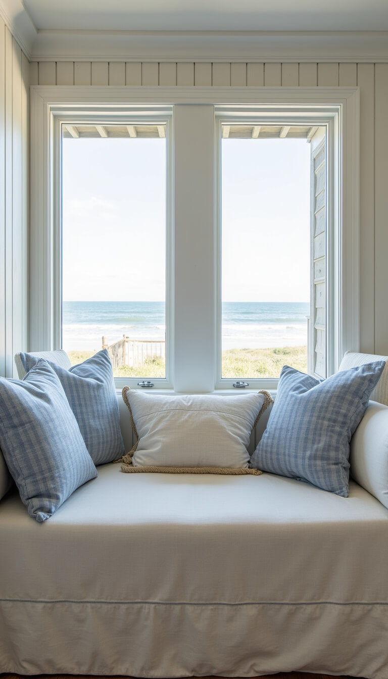Coastal bedroom with beadboard walls, ocean views, and a white linen bench with blue striped pillows under sunlit windows.