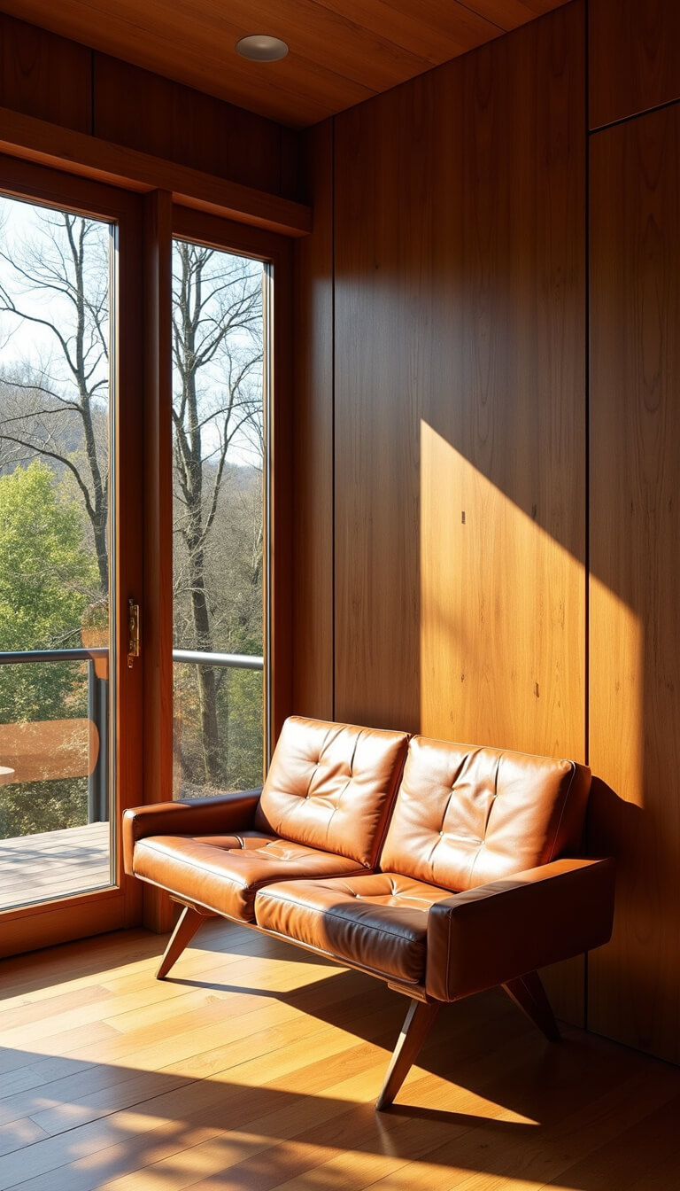 Mid-century modern 16x18ft bedroom with walnut paneling, brass accents, leather bench near large windows, and warm sunlight casting shadows.