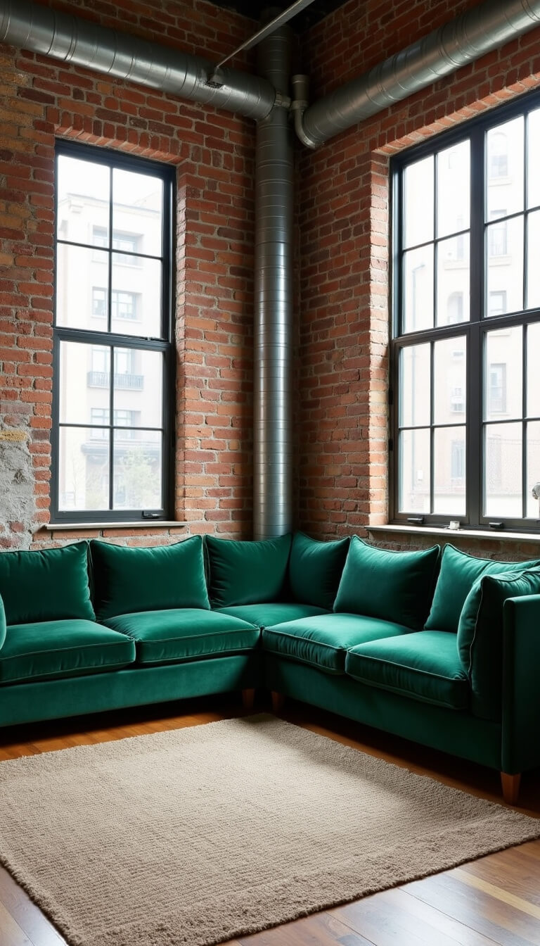 Urban loft with exposed brick, high ceilings, emerald green velvet sectional, and large steel-framed windows letting in diffused natural light.