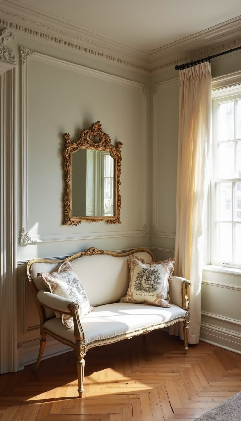 French Provincial bedroom with herringbone floors, ornate moldings, and cream silk settee beneath gilt mirror, softly lit by morning light through sheer curtains.