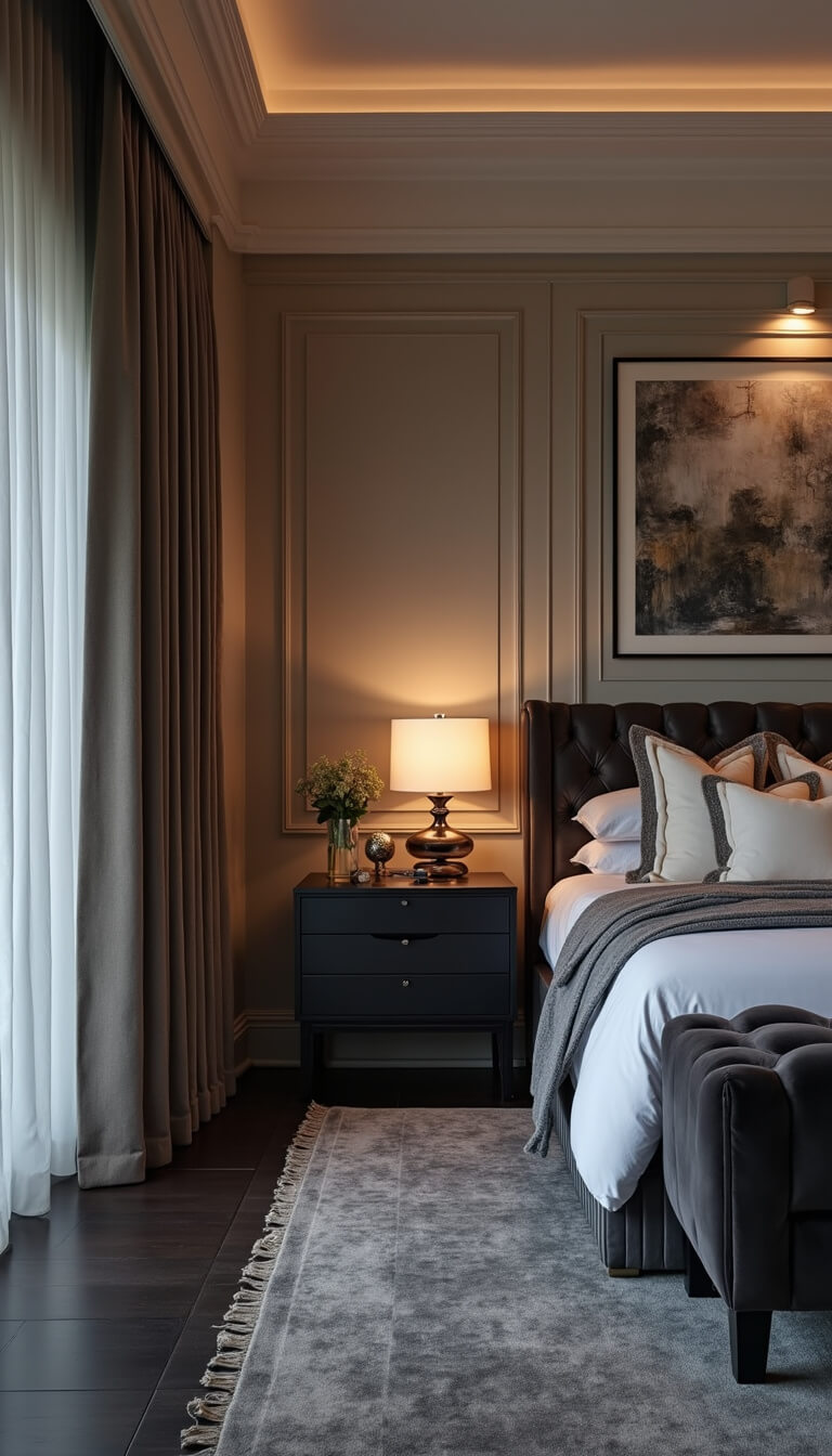 Luxurious 16x22ft bedroom suite with coffered ceiling, charcoal channel-tufted velvet sofa, abstract art, ambient sconces, and soft evening lighting.