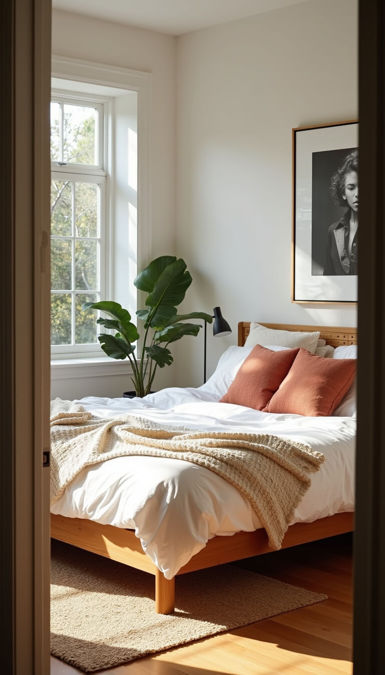 Sunlit bedroom with oak platform bed, rumpled white linens, terra cotta pillows, jute rug, rattan headboard, large west-facing windows, and a potted monstera.