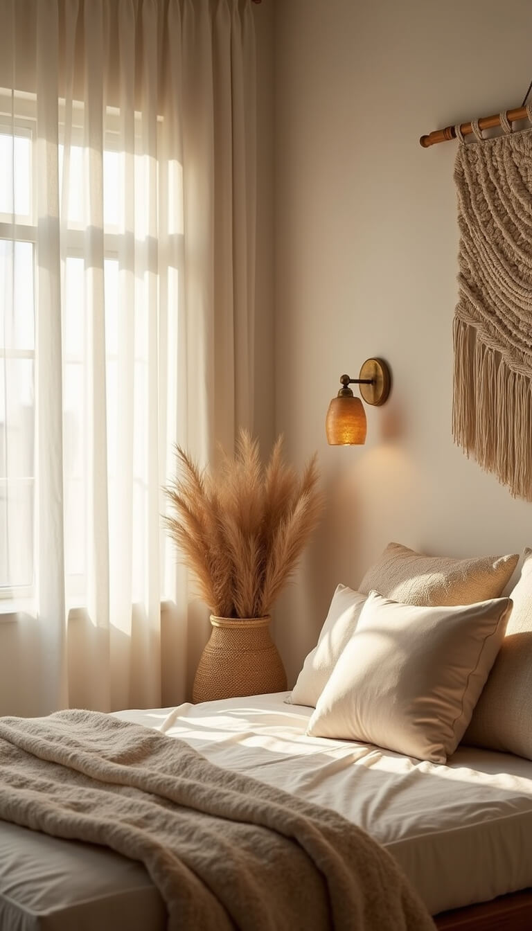 Minimalist boho bedroom at golden hour with beige linens, cream pillows, handwoven wall hanging, and pampas grass in seagrass basket.