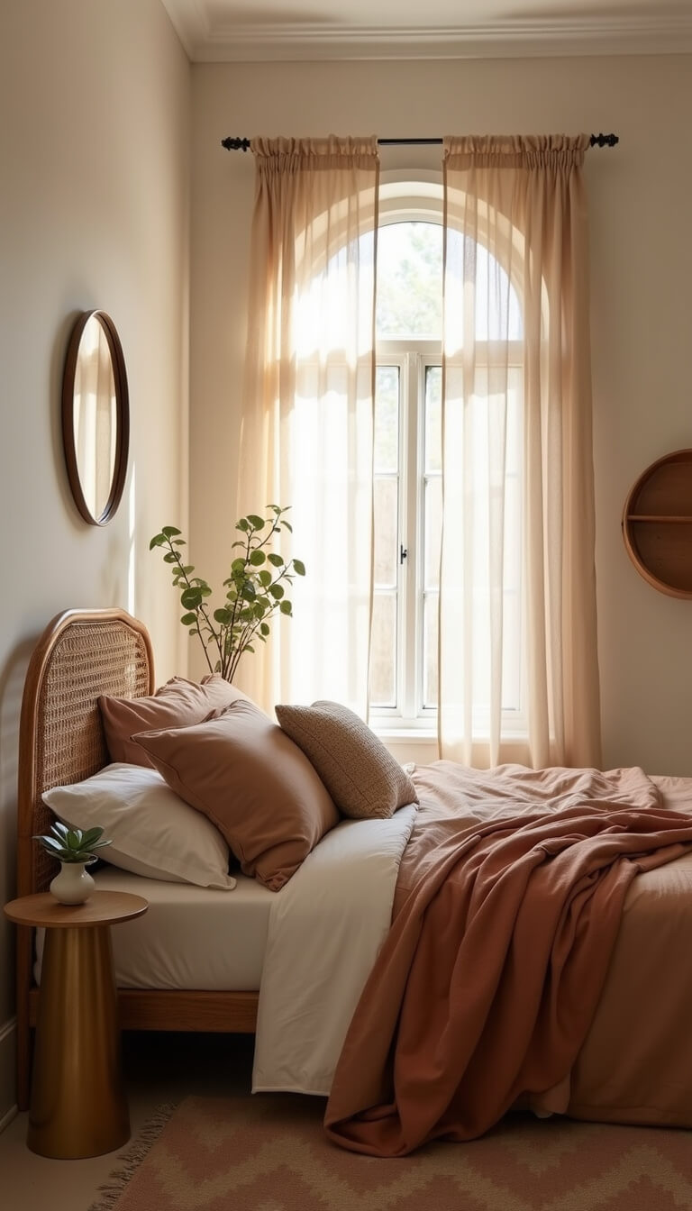 Cozy morning bedroom with arched window, gauzy curtains, rattan headboard, layered neutral bedding, brass mirror, eucalyptus stem in vase, and vintage Moroccan rug.