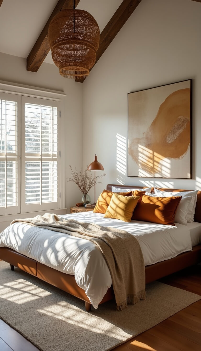 Airy 15x18ft primary bedroom with vaulted ceiling, exposed beams, leather platform bed, rumpled white linens, and abstract art, bathed in late afternoon light through plantation shutters.