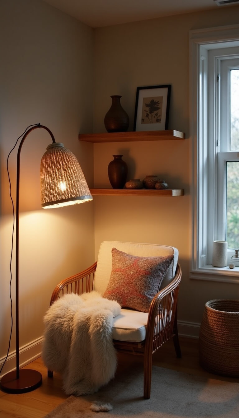 Cozy bedroom corner at dusk with rattan floor lamp lighting a bouclé reading chair, floating oak shelves with pottery, and layered neutral textiles.