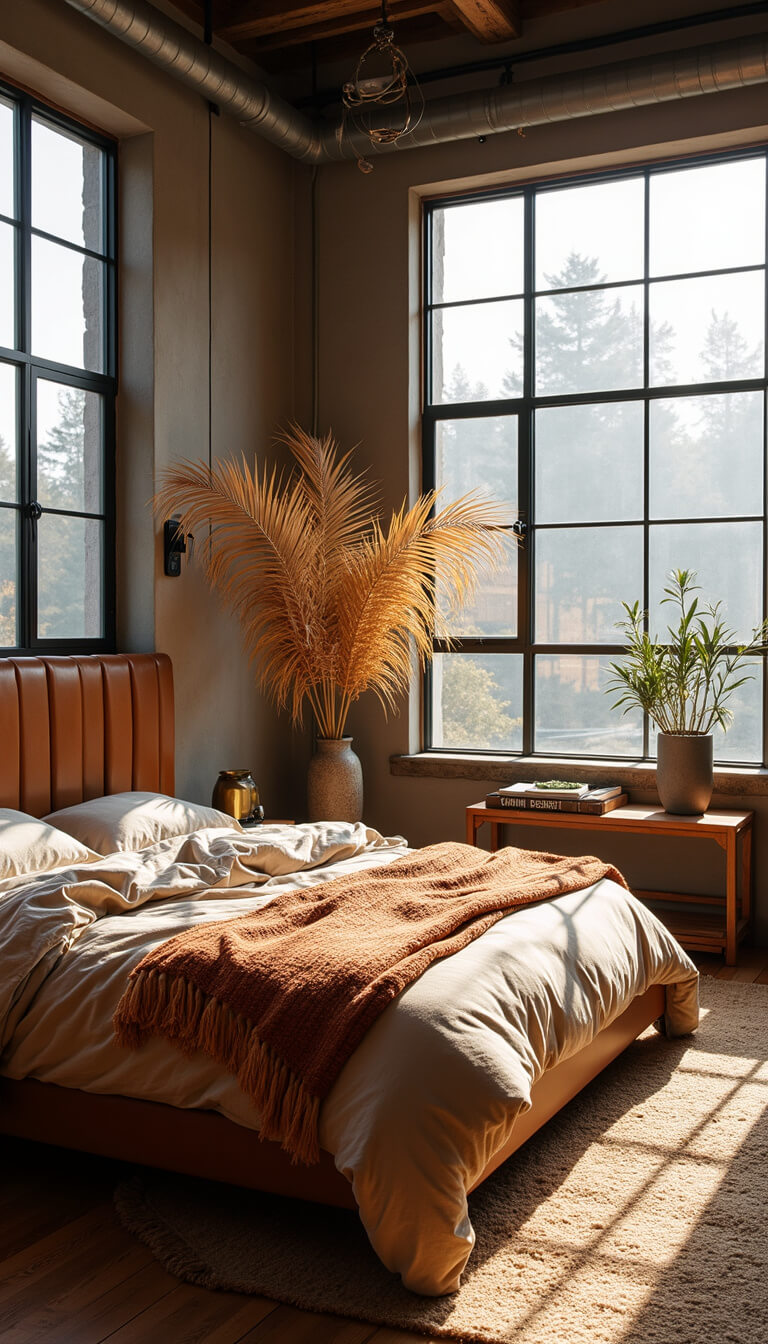 Modern boho loft bedroom with platform bed, tufted leather headboard, linen bedding, Moroccan blanket, dried palm decor, and large industrial windows.