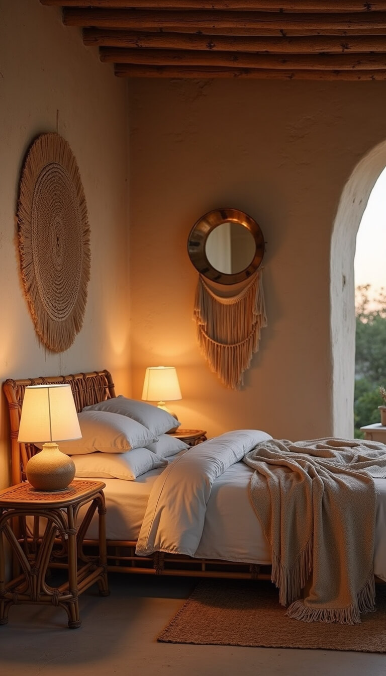 Cozy 12x14ft bedroom at twilight with curved rattan bed, warm ambient lighting, layered linen bedding, handwoven wall hanging, and brass mirror reflecting soft glow.