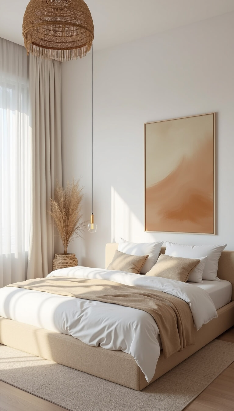 Minimalist 13x15ft bedroom with low-profile linen bed, neutral layered bedding, abstract wall art, and woven pendant in bright midday light.