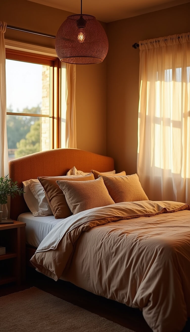 Cozy bedroom corner at sunset with platform bed, curved bouclé headboard, warm-toned bedding, vintage pillows, and rattan pendant casting shadows.