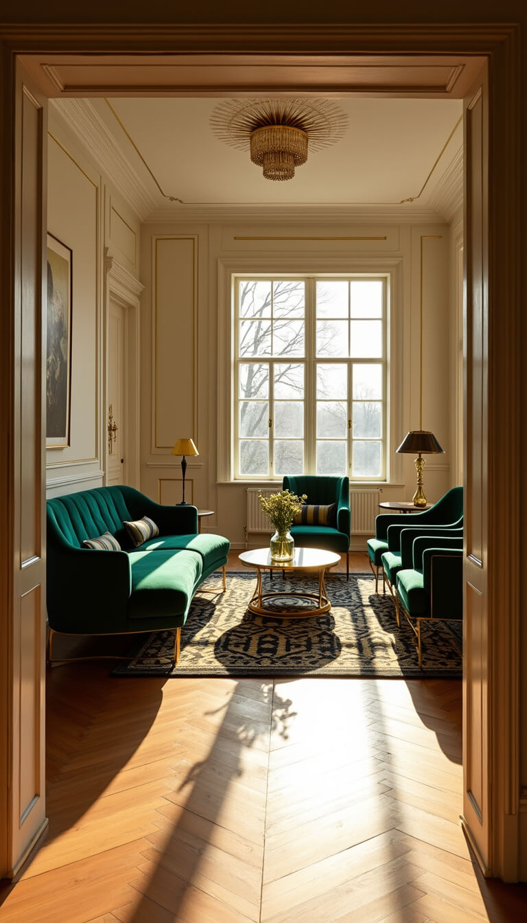 Art Deco living room at golden hour with emerald velvet sofa, brass armchairs, and sunburst chandelier, sunlight casting shadows on herringbone floors.