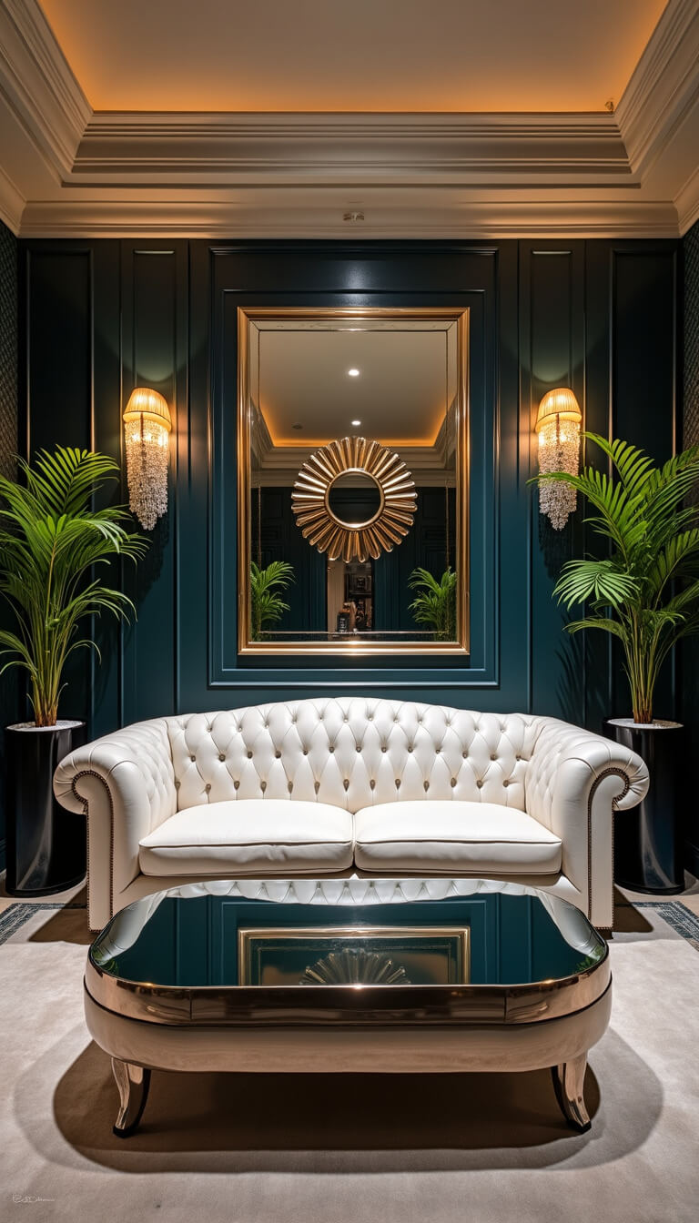 Low-angle view of Art Deco living room with tall ceilings, sapphire and gold chevron wallpaper, white Chesterfield sofa, chrome-glass coffee table, palm plants, and a large sunburst mirror.