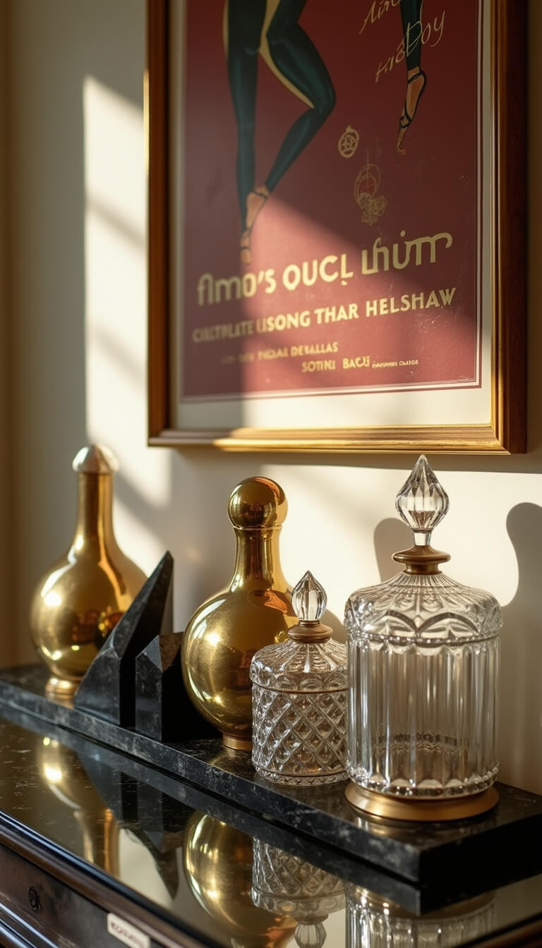 Close-up of Art Deco vignette with brass vessels, black marble sculptures, and crystal decanters on a mirrored console table; vintage 1920s poster above, textures of velvet, brass, crystal, and marble highlighted in morning light.
