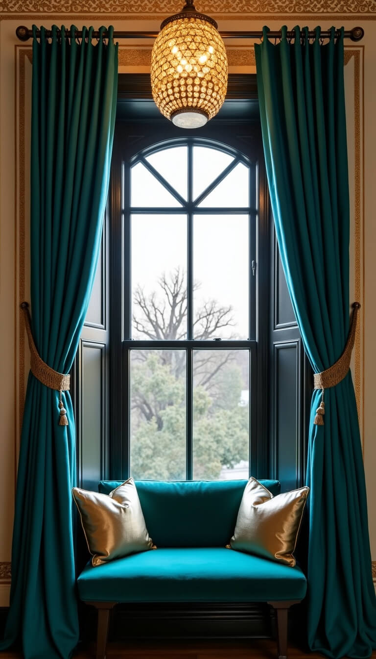 Art Deco window with peacock blue silk drapes, black stepped frame, gold stenciled cream walls, emerald velvet seat, and crystal light casting shadows.