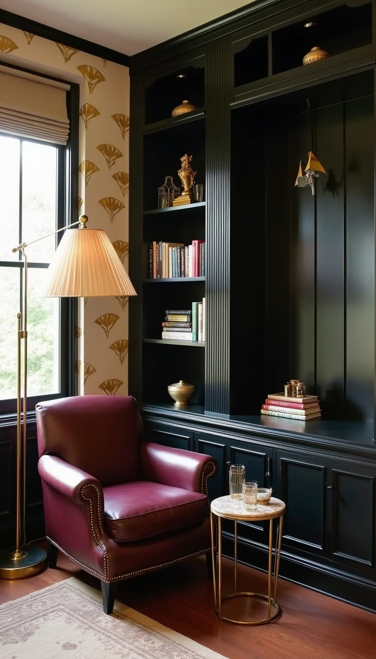 Art Deco reading nook with black lacquer shelves, burgundy leather chair, brass lamp, and gold fan-patterned walls.