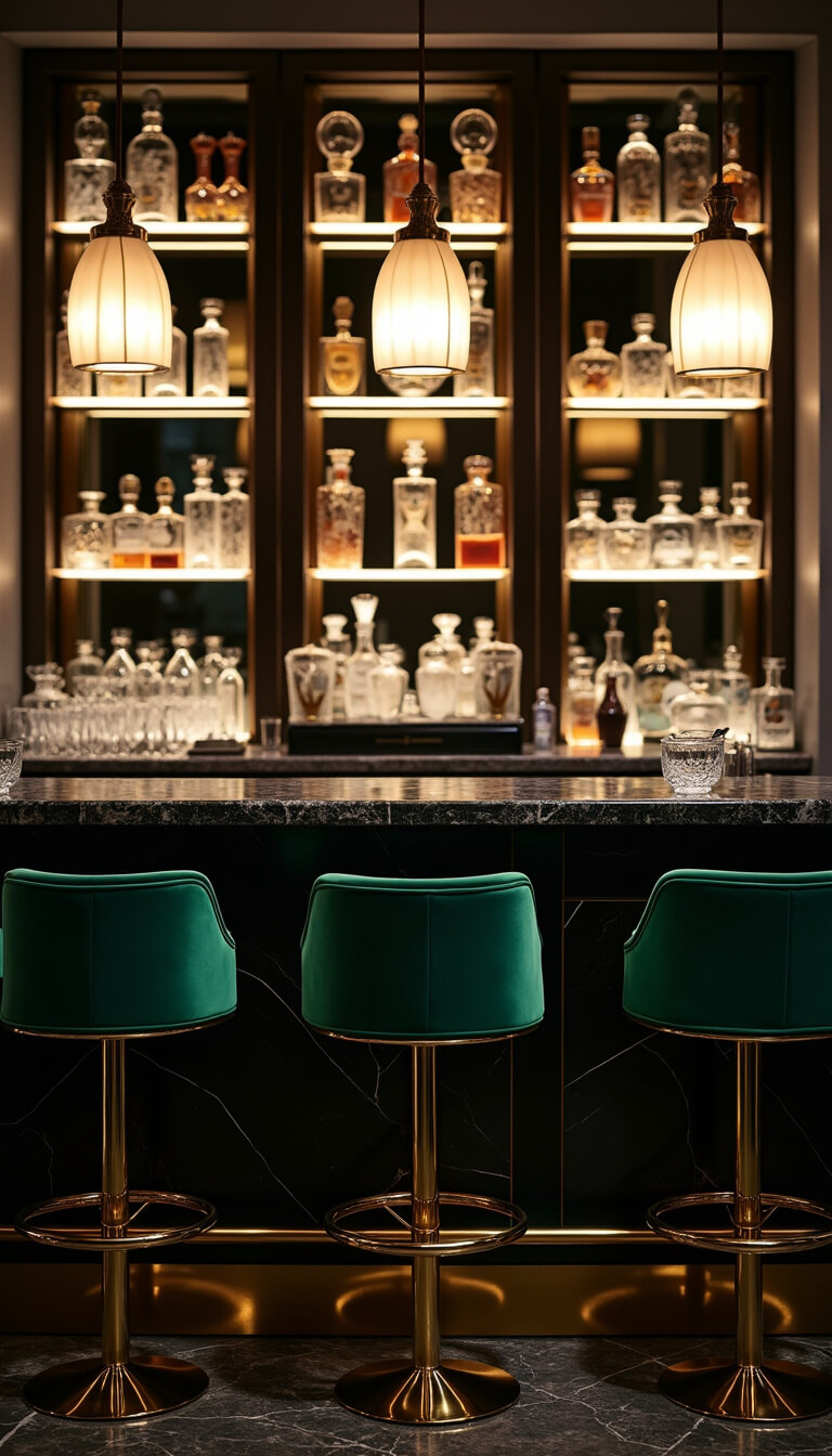 Art Deco bar at night with black marble top, brass accents, emerald velvet stools, and illuminated mirrored shelving.