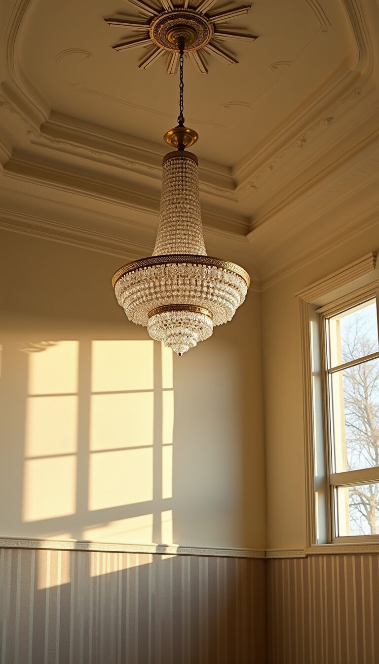 Art Deco ceiling with cream and gold stepped molding, sunburst medallion, brass crystal chandelier, and metallic wallpaper bands in morning light.