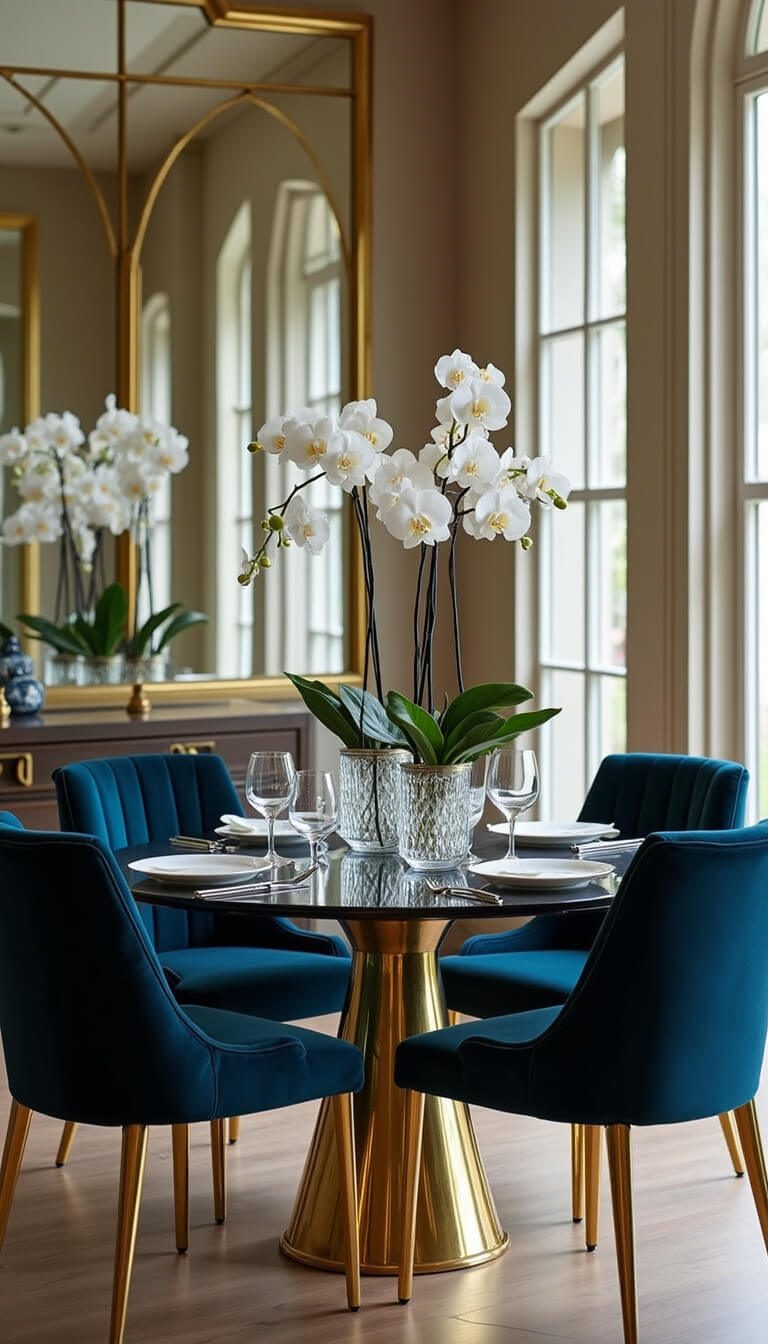 Art Deco-style dining table with sapphire velvet chairs, crystal orchid centerpiece, and mirrored geometric backdrop.