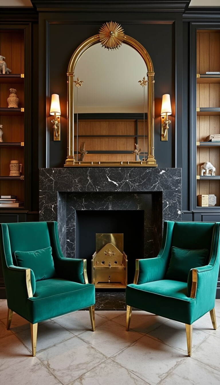 Symmetrical Art Deco fireplace wall at sunset with black marble, brass accents, emerald velvet chairs, and sunburst mirror.
