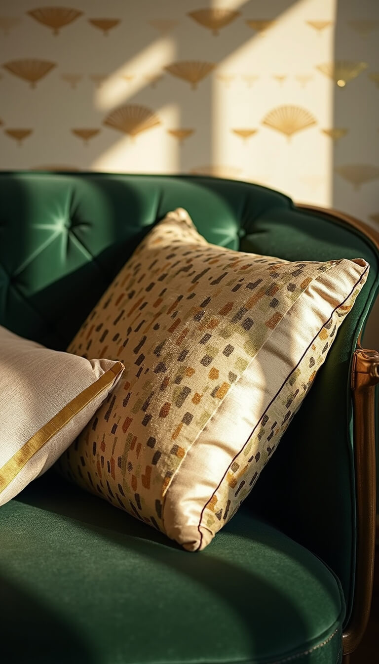 Macro shot of Art Deco textiles featuring emerald velvet sofa, gold and black geometric silk cushions, champagne silk throw with border, and cream wallpaper with metallic fan pattern in natural light.