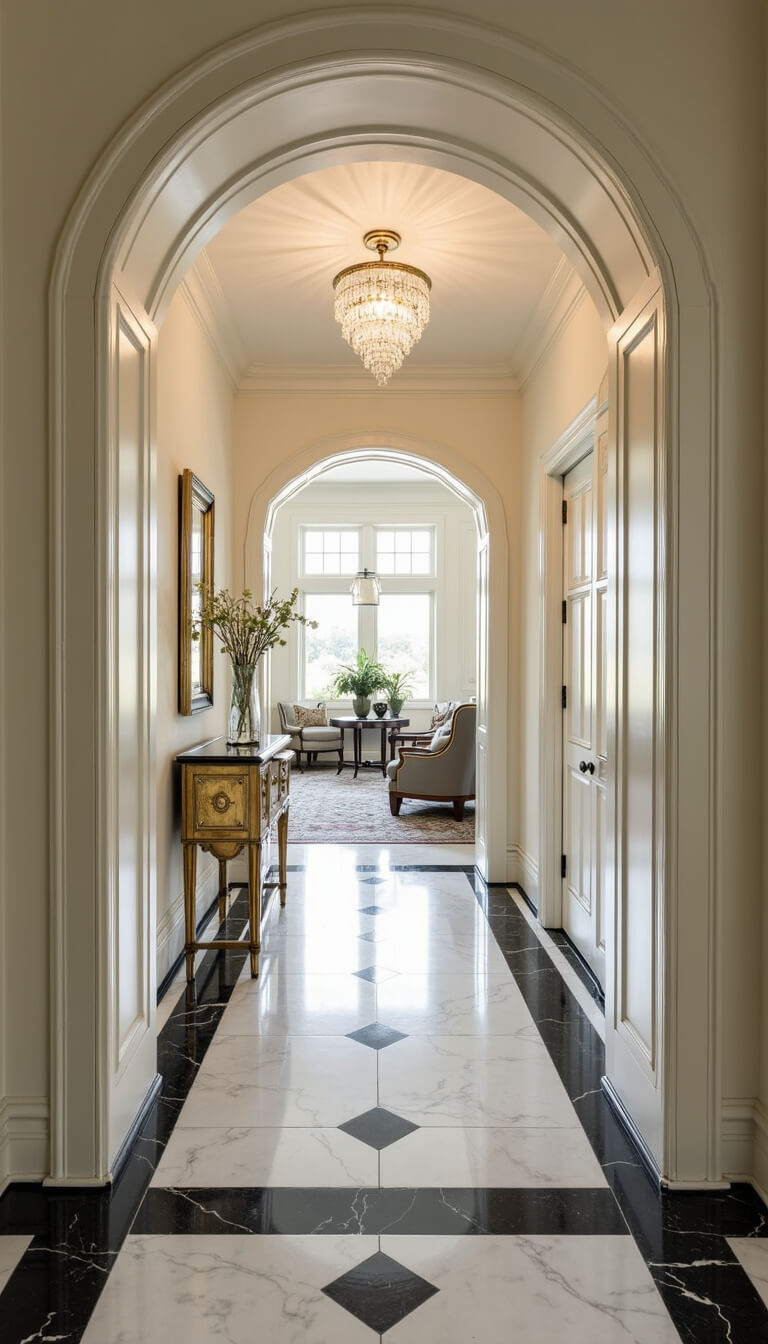 Art Deco foyer with geometric black and white marble floor, brass console table, crystal ceiling fixture, and cream stepped paneling with gold accents.
