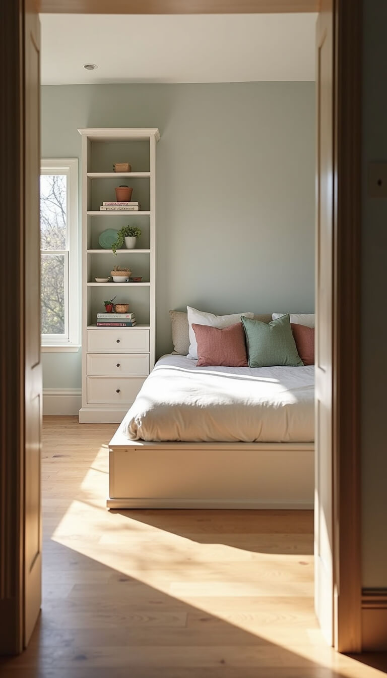 Bright bedroom with platform bed, cream bedding, and accent pillows, lit by golden hour sun through west-facing windows, with white shelves and light oak floors.