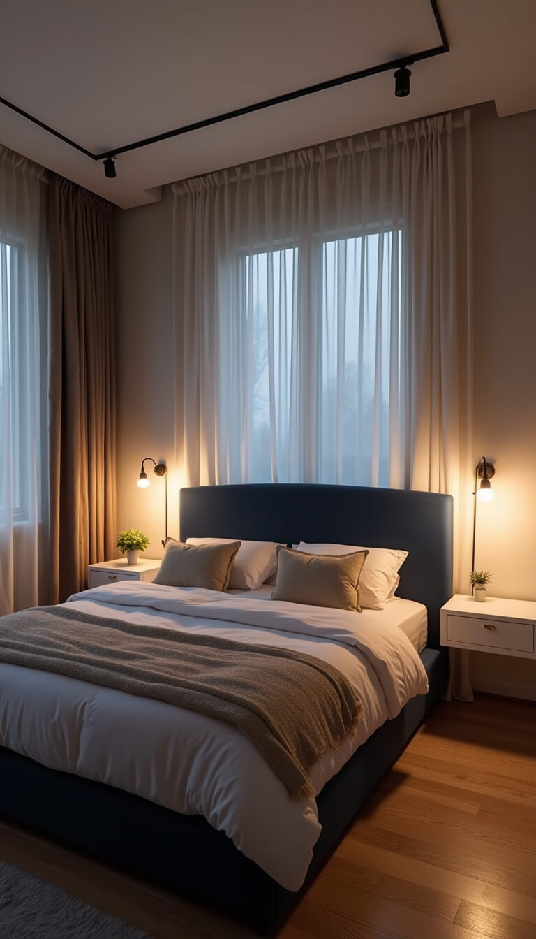 Cozy 8x10ft bedroom at dusk with brass sconces, navy velvet headboard, floating white nightstands, and billowing gauzy curtains under layered warm and cool lighting.