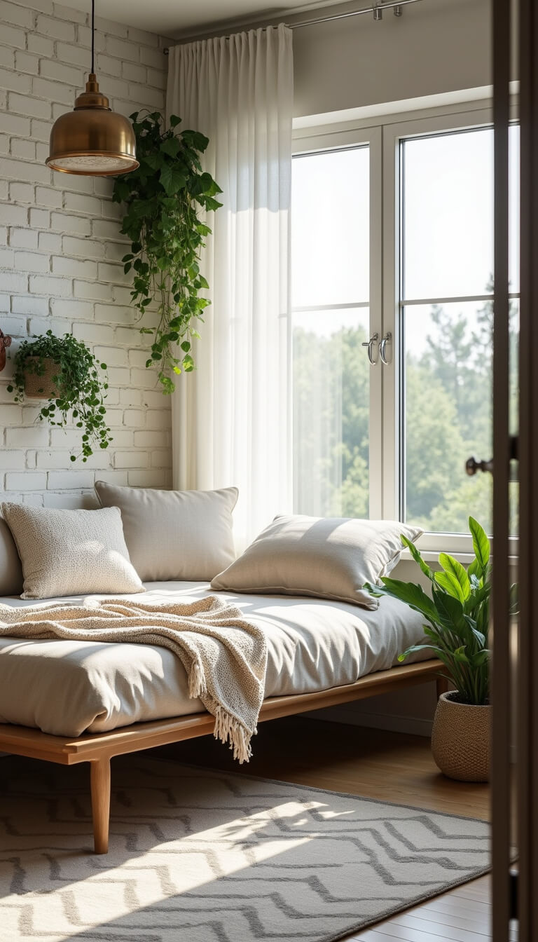 Cozy 9x11ft bedroom at blue hour with oatmeal linen daybed by large window, white brick wall, hanging pothos, brass pendant light, and cream-grey geometric rug.