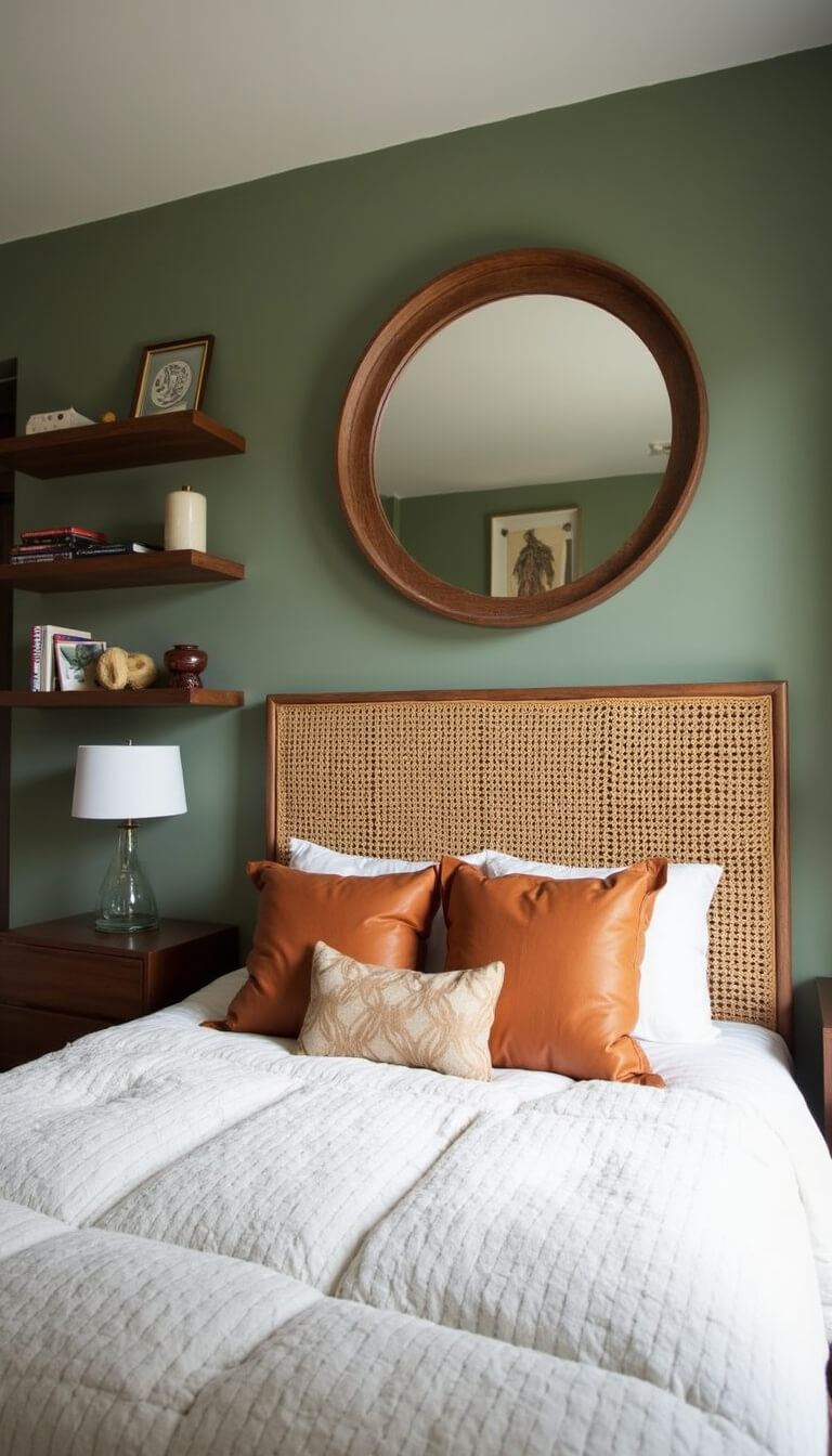 Modern bedroom with rattan headboard, sage green accent wall, floating shelves, round mirror, and rust-accented bedding.