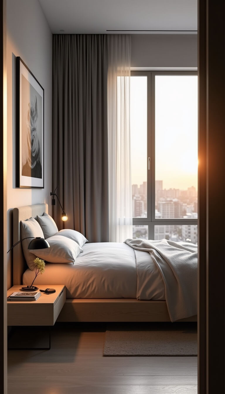 Minimalist 8x12ft bedroom at sunset with platform bed, grey linen curtains, black pendant light, and monochrome art above bed.