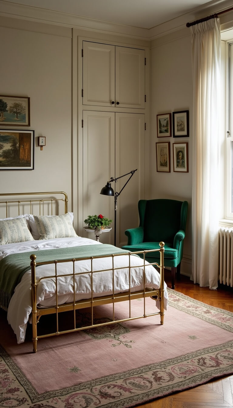 Eclectic 9x10ft bedroom with brass bed, emerald velvet chair, gallery wall, and Moroccan rug in late afternoon light.