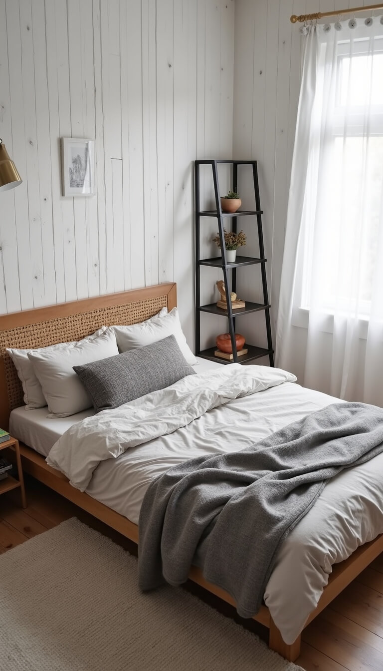 Scandinavian-style 10x11ft bedroom with pale pine accents, low bed with woven leather headboard, grey throws, linen bedding, and black metal room divider shelving, viewed from corner in bright noon light.