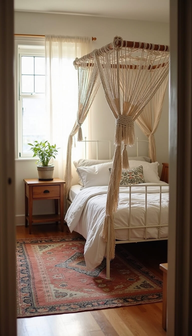 Bohemian 8x9ft bedroom with macramé canopy over white metal bed, floating wood nightstands, hanging plants, and layered vintage rugs in morning light.