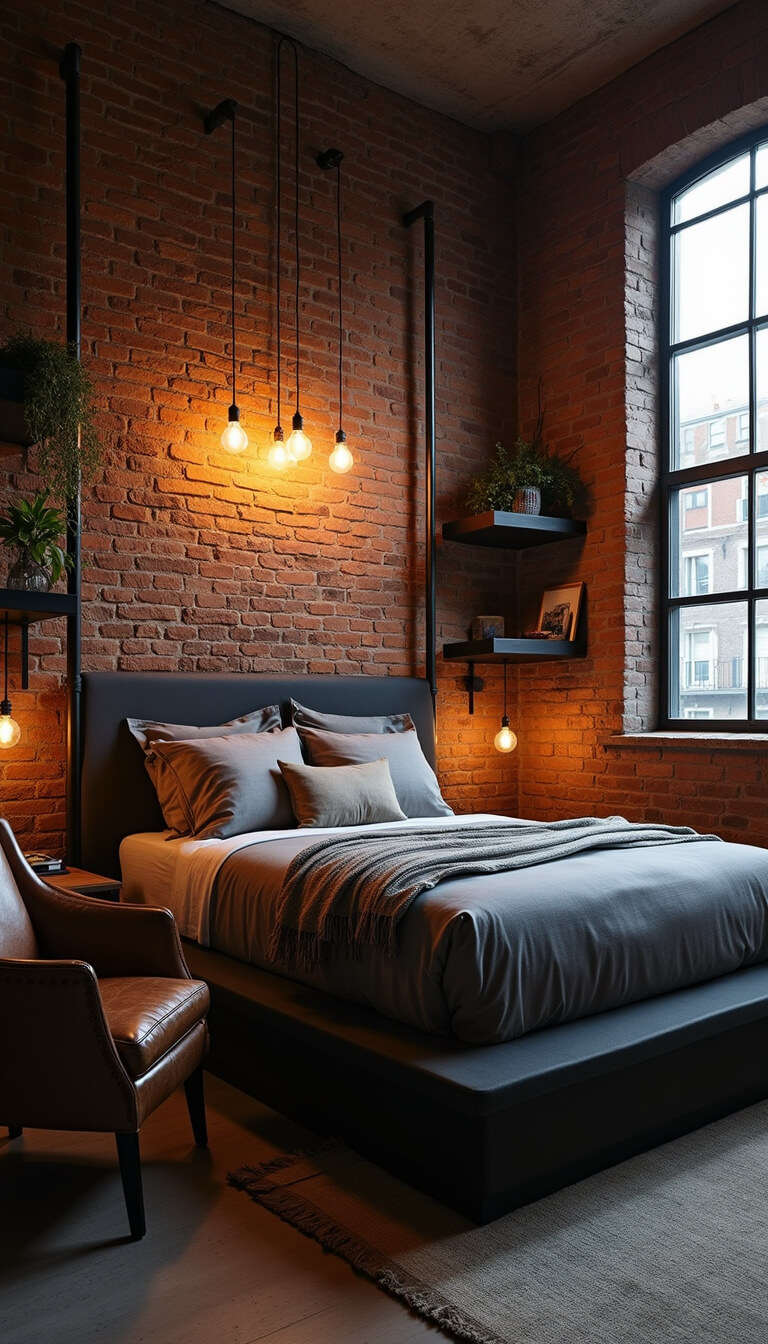 Moody industrial 9x12ft bedroom with exposed brick, Edison bulbs, platform bed, and distressed leather armchair.