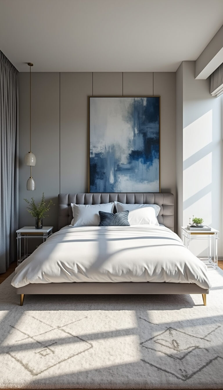 Contemporary 10x10ft bedroom with grey velvet channel-tufted headboard wall, Lucite and brass nightstands, abstract blue-grey artwork, plush white geometric carpet, and bright natural lighting.