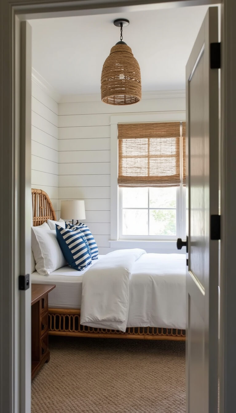 Coastal-themed 8x11ft bedroom at dawn with shiplap wall, rattan bed, blue-striped pillows, rope pendant light, and woven grass shades, lit by soft morning light and warm interior glow.