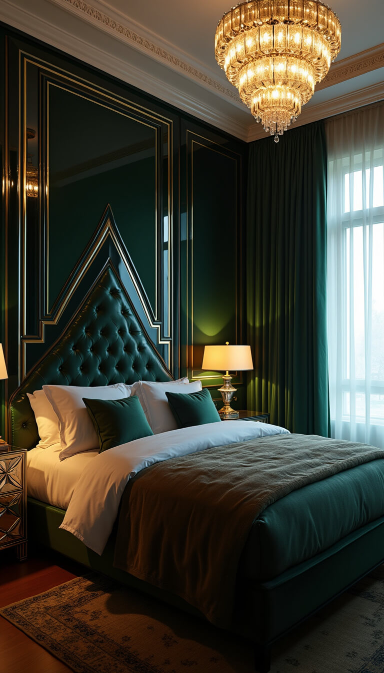 Luxurious Art Deco bedroom with black velvet headboard, brass inlay, mirrored nightstands, emerald silk drapes, and crystal chandelier in dramatic evening lighting.