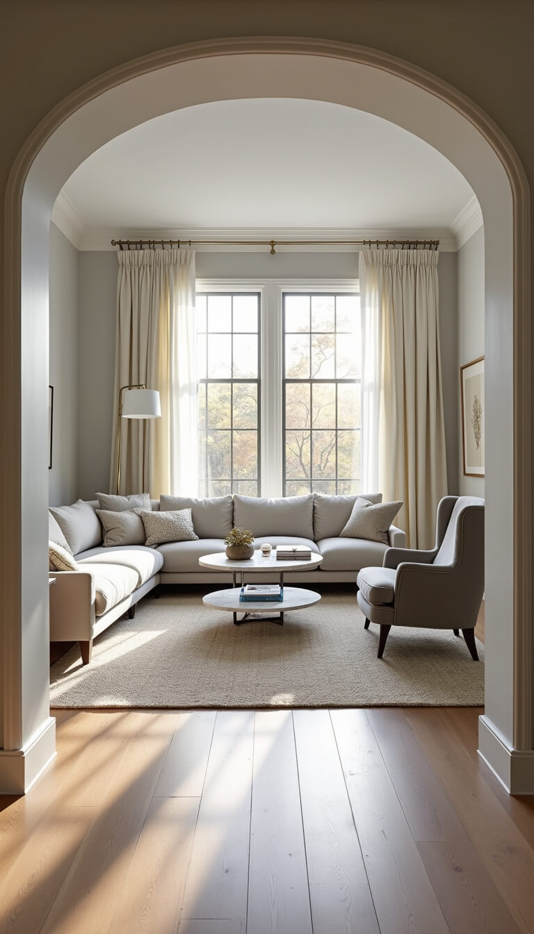 Elegant living room with neutral tones, white oak floors, and golden hour sunlight through sheer drapes, featuring linen sofa, grey velvet wingback chairs, and marble coffee table.