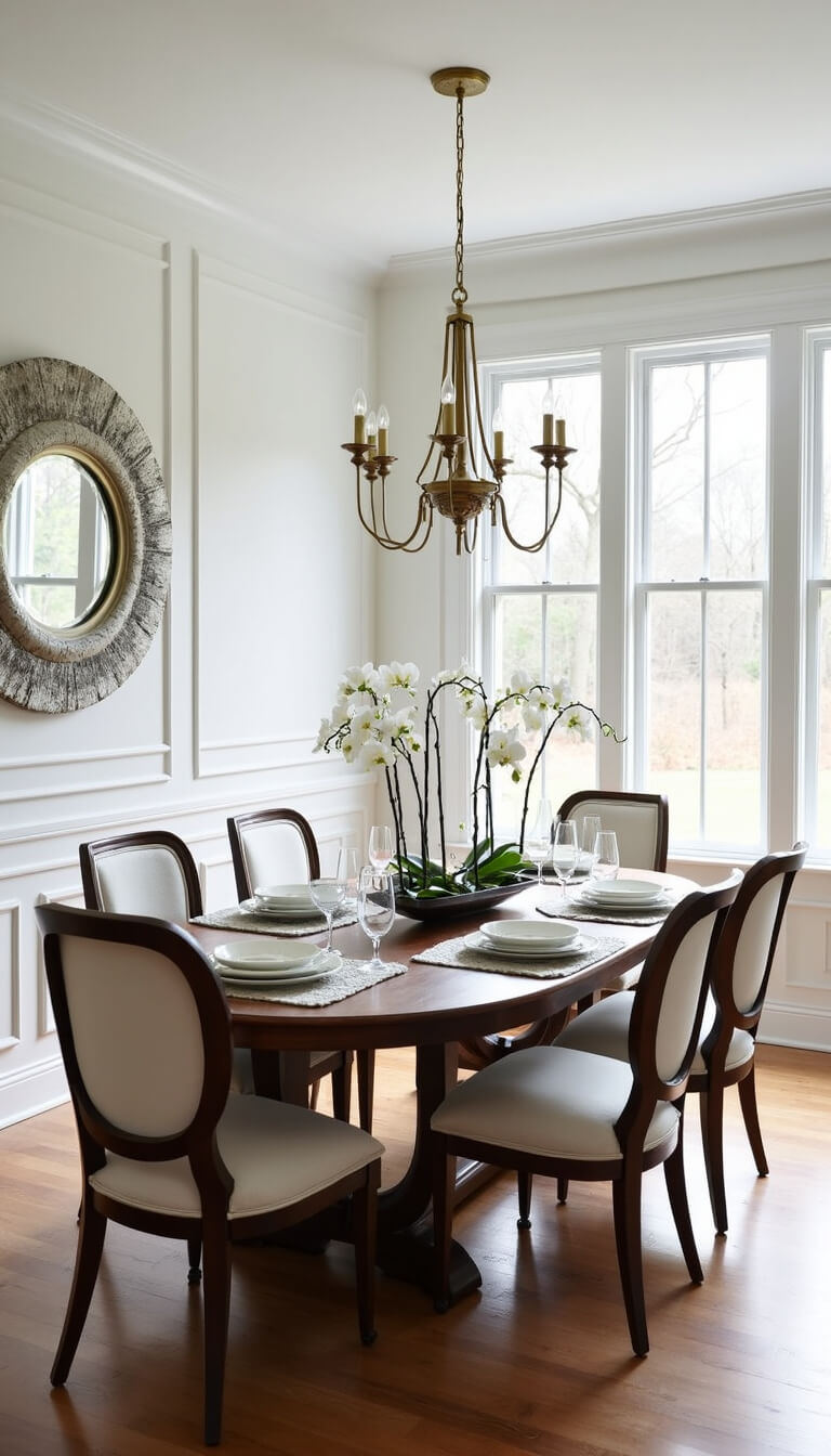 Elegant dining room with oval walnut table, six linen-upholstered chairs, brass-accented chandelier, white wainscoting, silver mirror, and morning light.