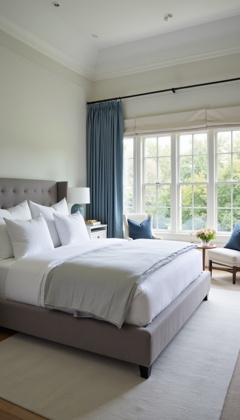 Luxurious master bedroom with tray ceiling, platinum grey king bed, ivory wool rug, and wall-to-wall windows with steel blue blackout curtains.