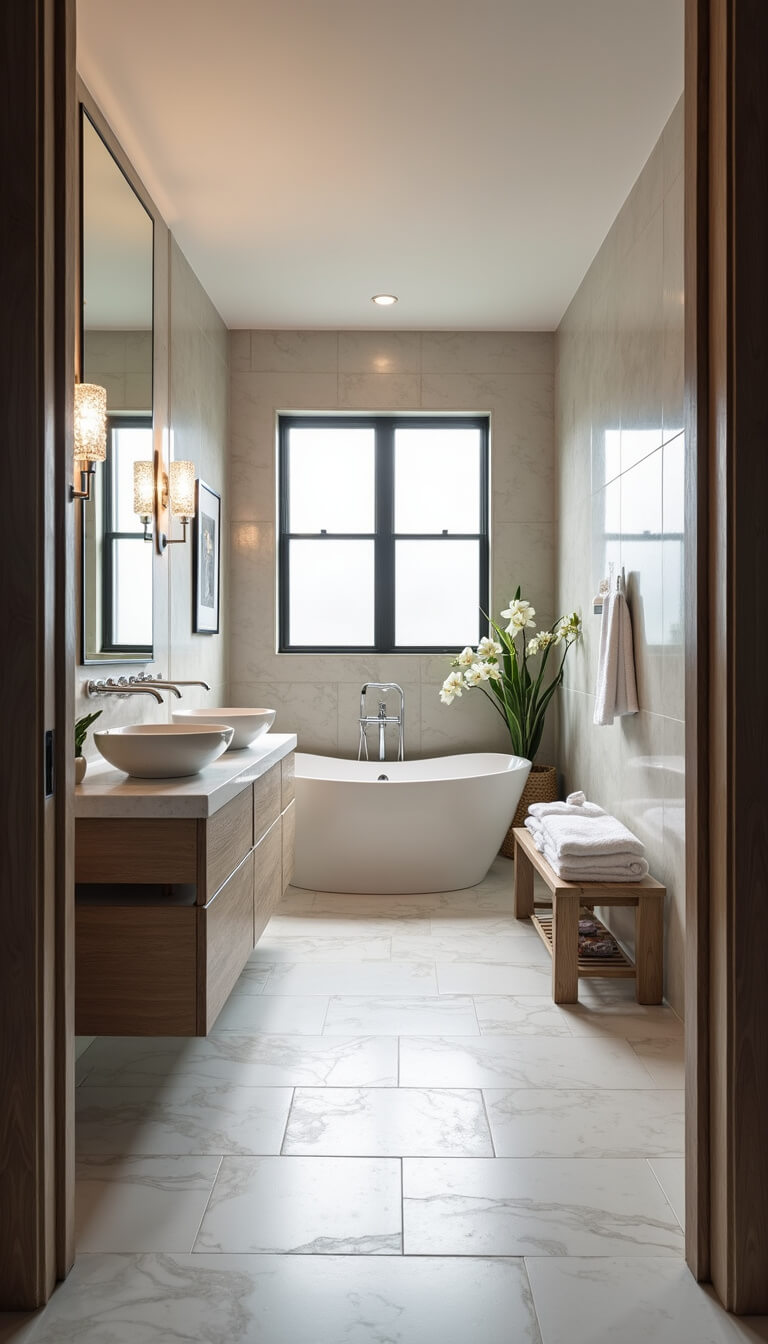 Modern luxe bathroom with marble herringbone floor, freestanding tub, floating oak vanity, vessel sinks, and crystal sconces.